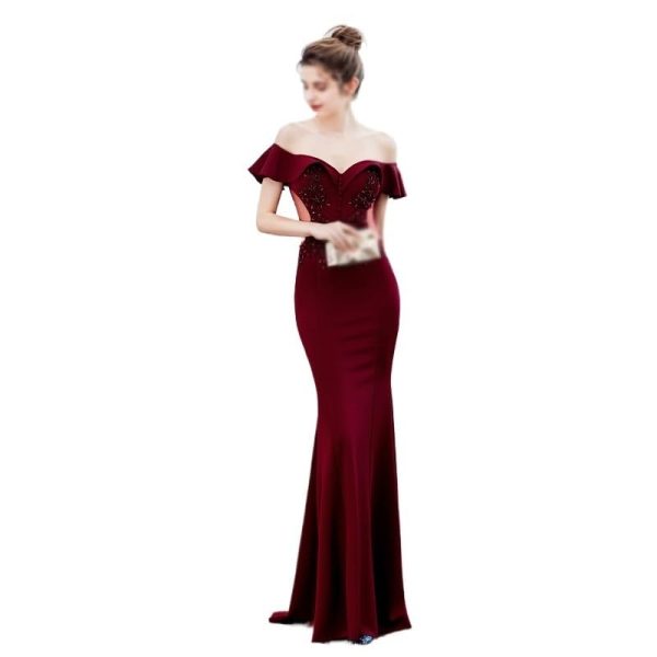 CSCDD Ladies Toasting Wedding Long Dress Shoulder Thank-You Dinner Slim-fit Dress Wedding Evening Dress