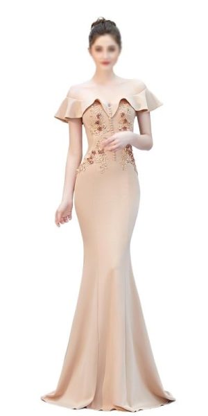 Wedding Evening Dress Ladies Toasting Wedding Long Dress Word Shoulder Thank-You Dinner Slim-fit Dress(Large)