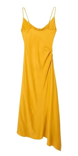 CSCDD Yellow Halter Dress Women's Long Dress Backback Satin Dress Women's Dinner Party Dress