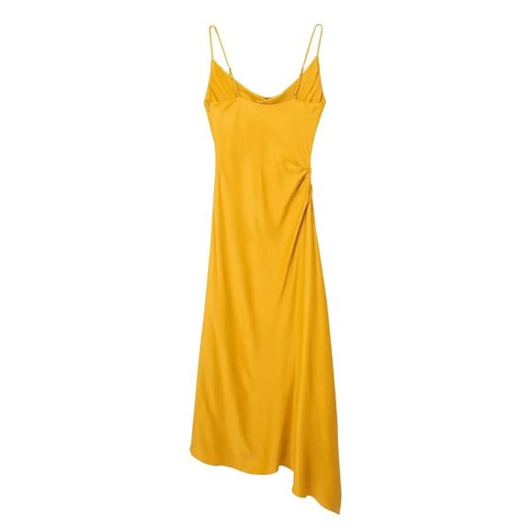 CSCDD Yellow Halter Dress Women's Long Dress Backback Satin Dress Women's Dinner Party Dress