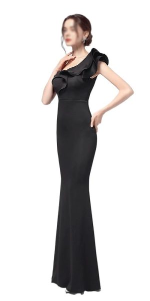 Classic Black Dinner Dresses Sexy Slash Neck One Shoulder Ruffles Evening Gowns Women Elegant Party Maxi Skirt
