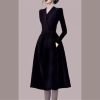 Women's Notched Suit Midi Dress - Office Lady Slim Black Long Sleeve