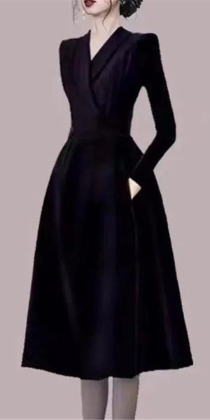 Women's Notched Suit Midi Dress - Office Lady Slim Black Long Sleeve