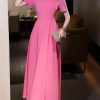 Women’S Skirt Summer Diamonds Round Neck A Line Short Sleeve Solid Dresses Fashion Evening Party Long Dress