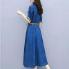 Women’S Office Fashion Denim Dress Summer Slim Fit Round Neck Short Sleeve A Line Belted Dress for Vacation