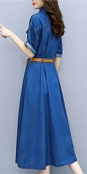 Women’S Office Fashion Denim Dress Summer Slim Fit Round Neck Short Sleeve A Line Belted Dress for Vacation