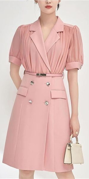Women's Chiffon Patchwork Suit Dress Short Sleeve Notched Collar Summer Office Lady Fashion Midi Dresses