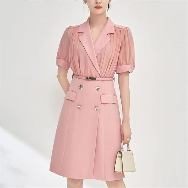 Women's Chiffon Patchwork Suit Dress Short Sleeve Notched Collar Summer Office Lady Fashion Midi Dresses