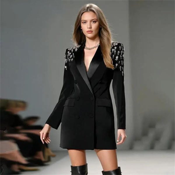 Women Autumn Double Breasted Rhinestone Full Sleeve Black Blazer Coat Long Suit Jacket