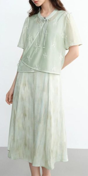 Women's Chinese Style 2 Piece Outfit Stand Collar Sleeveless Top and Skirt Set Summer Oriental Fashion Suit