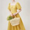 Romantic Floral Midi Dress for Women Summer Square Neck Chiffon Tulle Short Sleeve Ruffled Party Guest Dress