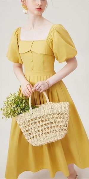 Romantic Floral Midi Dress for Women Summer Square Neck Chiffon Tulle Short Sleeve Ruffled Party Guest Dress