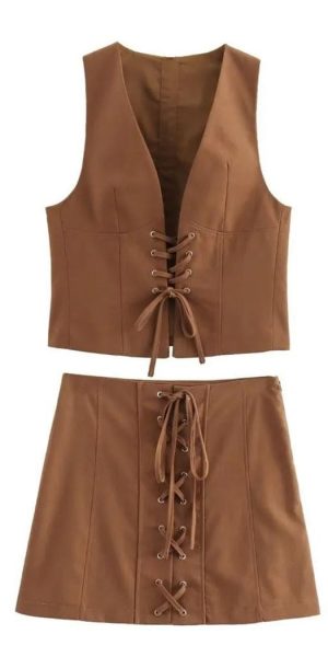 Women's 2 Piece Set Lace-Up Slim Vest V-Neck Cropped Top High Waist Side Zipper A-Line Skirt for Spring Summer