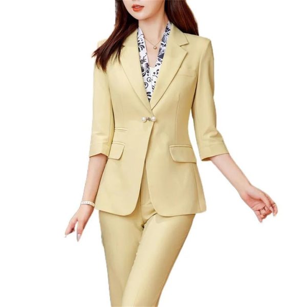 Women Summer Temperament Style Professional Slim Blazer and Pants Two Piece Sets Office Work Wear Yellow Suits