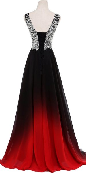 Women Formal Beaded Gradient Black Ombre Chiffon Long Prom Evening Dresses