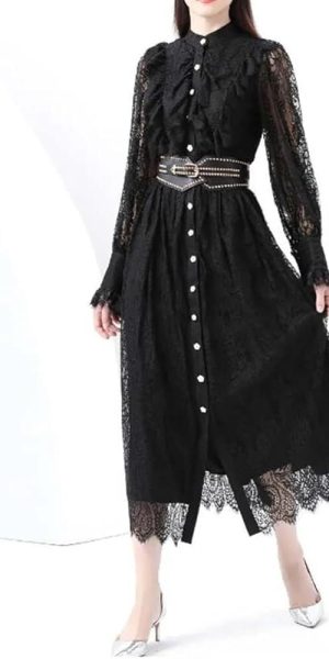 Vintage Lace Midi Dress Women O Neck Puff Sleeves Empire Waist Hollow Out A Line Single Breasted Dress