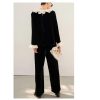 Plus Size Women's Velvet Suit - Fashion Collar Blouse & Wide Leg Trousers Contemporary Silhouette