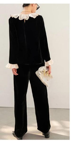 Plus Size Women's Velvet Suit - Fashion Collar Blouse & Wide Leg Trousers Contemporary Silhouette