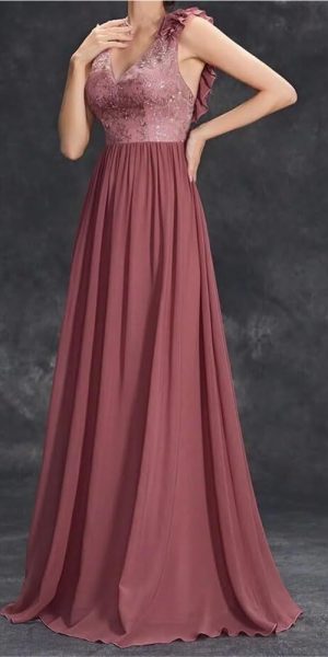 Women's Sexy V-Neck Evening Gown Chiffon Lace Dress Sleeveless Embroidery Formal Party Prom Long
