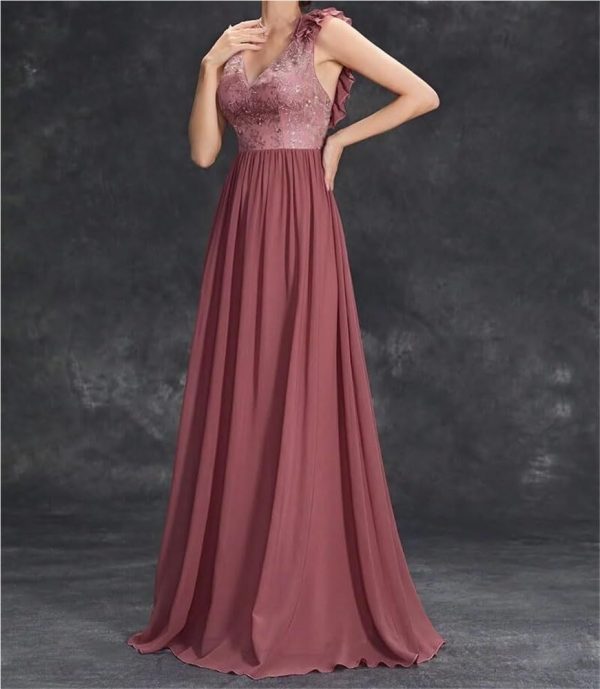 Women's Sexy V-Neck Evening Gown Chiffon Lace Dress Sleeveless Embroidery Formal Party Prom Long