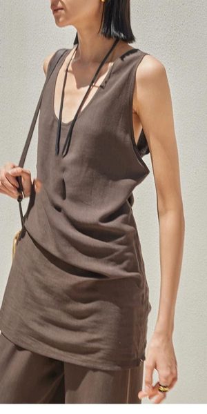 Women's Linen Lounge Set - Coffee Vest & Wide Leg Pants Summer Cooling Athletic Wear
