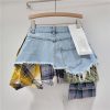Women's Y2k High Waist Plaid Patchwork Asymmetrical Hem A Line Mini Denim Skirt