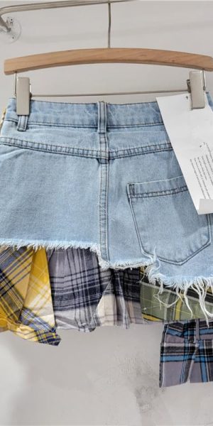 Women's Y2k High Waist Plaid Patchwork Asymmetrical Hem A Line Mini Denim Skirt