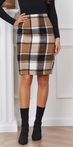 Midi Plaid Skirts for Women Fall Winter Knee Length Pencil Wool Skirt with Slit