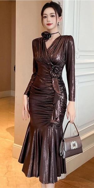Women's Vintage Elegant Sweet Sparkly Evening Dress V-Neck Long Skinny Party Prom Maxi Dresses