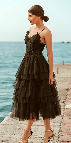 Women's Nude Pink/Black Tiered Layered Mesh Ballet Prom Party Tulle Tutu A-line Midi Skirt
