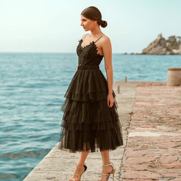 Women's Nude Pink/Black Tiered Layered Mesh Ballet Prom Party Tulle Tutu A-line Midi Skirt