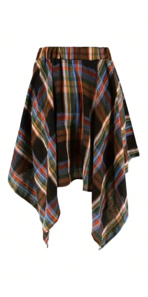 Women's Plaid Skirts Elastic High Waist Tie Front Asymmetrical Hem Pleated Mini Skirt