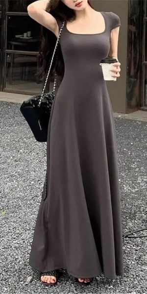 Sexy Square Collar Slim Fit Dress for Women Summer Short Sleeve Elegant Party Long Dresses