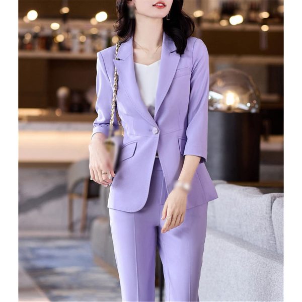 Women's Office Suit Fashion Suit Jacket Simple Solid Color Spring and Summer Half-Sleeved Top + Trousers 2-Piece Set
