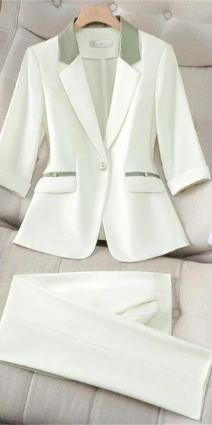 Women Black Beige Patchwork Jacket and Suits Pants Spring Summer Office Lady Elegant 2 Piece Sets High End Outfits