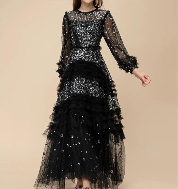 Elegant Summer High Waist Slim Fit Maxi Dress Women's Cascading Ruffle Gown Casual Lace Formal Cocktail Flowing Long Skirt