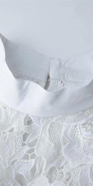 Women Sexy Hollow Out Lace Long Stand Collar Short Sleeve High Waist Elegant Dinner Dress