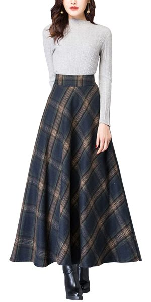 Women's Vintage High Waist Wool Blend Plaid A-Line Long Maxi Skirt with Pocket