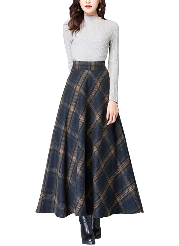 Women's Vintage High Waist Wool Blend Plaid A-Line Long Maxi Skirt with Pocket