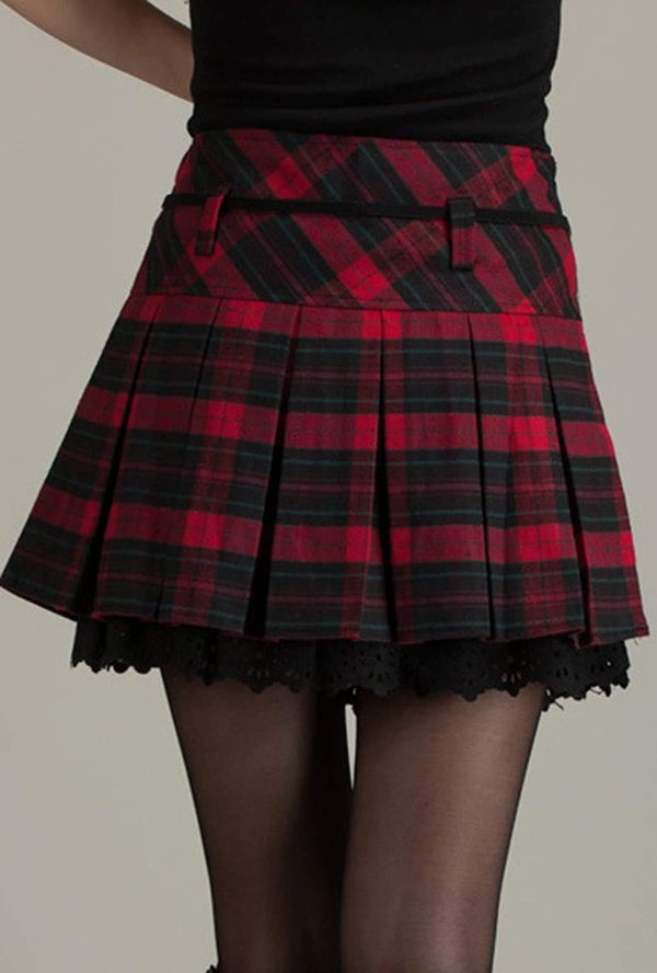 Women's A-Line Plaid Wool Blend Pleated Skirt Side Zipper