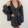 Women's 3-Piece Blazer Suit - Notched Twill Jacket & Bow Waist Pleated Skirt
