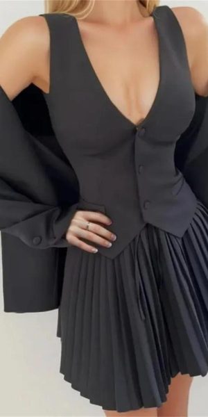 Women's 3-Piece Blazer Suit - Notched Twill Jacket & Bow Waist Pleated Skirt