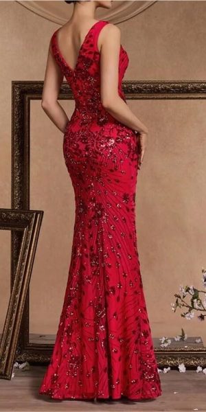 Sequin Evening Dress for Women V Neck Long Slit Formal Gown Wedding Guest Prom Floor Length Party Dress
