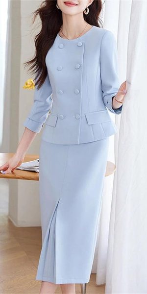Women Commuting Office Half Skirt Two Piece Set Slim Fit Double Breasted Long Sleeved Half Skirt Set