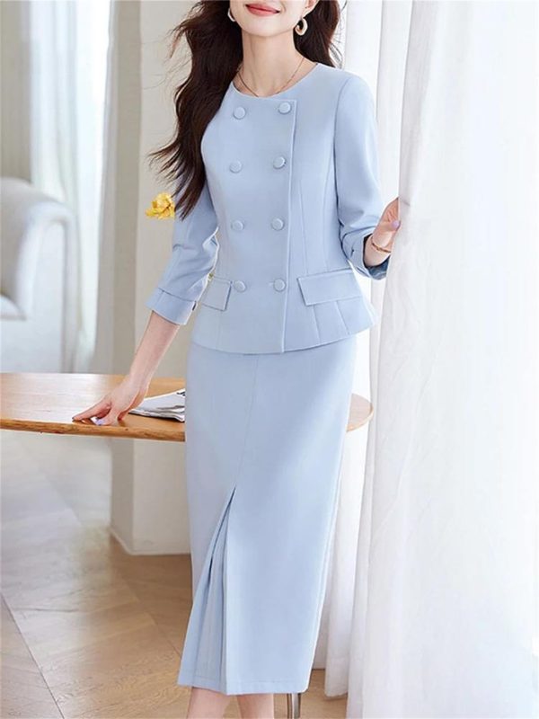 Women Commuting Office Half Skirt Two Piece Set Slim Fit Double Breasted Long Sleeved Half Skirt Set