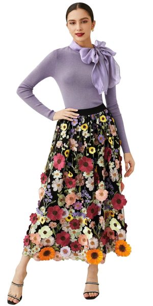 Women 3D Floral Applique Embroidery Maxi Skirt Elastic High Waist A-Line Garden Party Mesh Tulle Skirt
