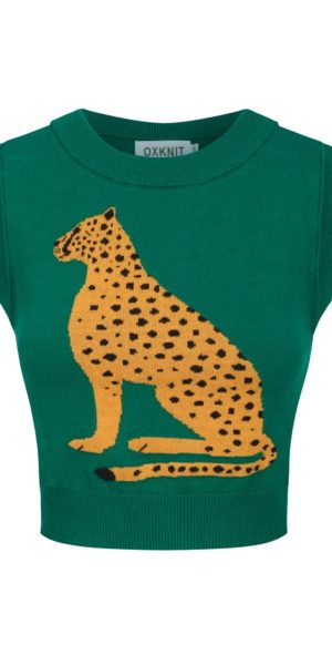 Women's Knitted Vest Skirt Sets, 1960s Mod Style Retro Leopard Green Tank Yellow Straight Skirt 2 Piece Sets Summer