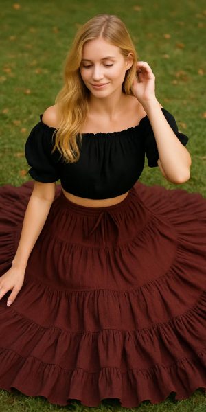Women's 25 Yard Cotton Gypsy Belly Dance 4-Tiered A-Line Pleated Maxi Long Boho Dance Tribal Skirt