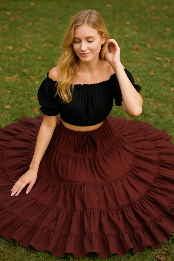 Women's 25 Yard Cotton Gypsy Belly Dance 4-Tiered A-Line Pleated Maxi Long Boho Dance Tribal Skirt