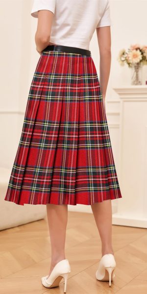 Girls Womens High Waist Pleated Long Skirt with Pockets